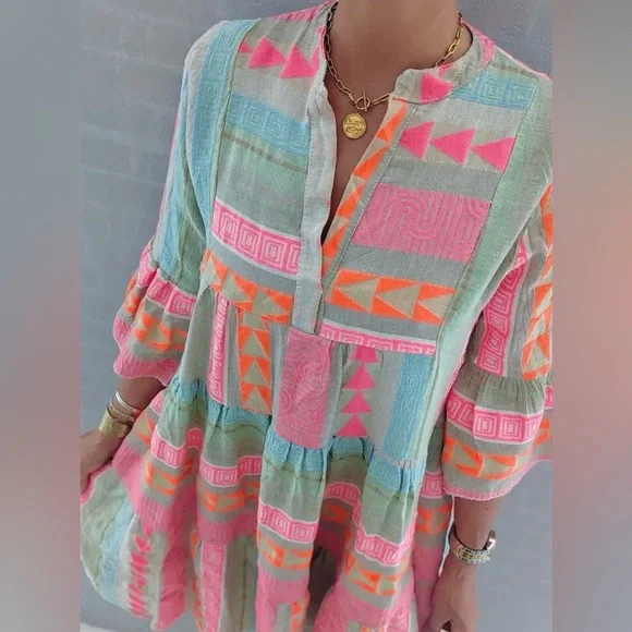 NEW Boho Embroidered Colorful Geometric Patterned Women's Dress - Picture 1 of 5